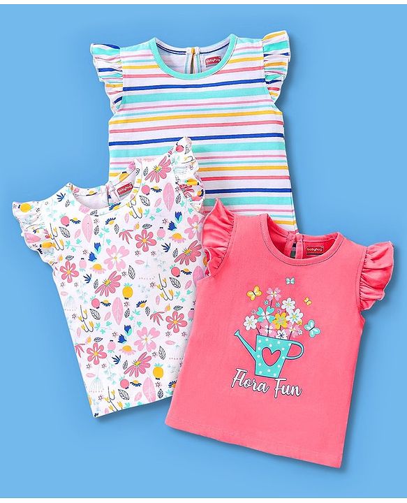 Babyhug Cotton Short Sleeves Tees with Graphics & Frill Detailing Pack of 3 - Blue & Pink