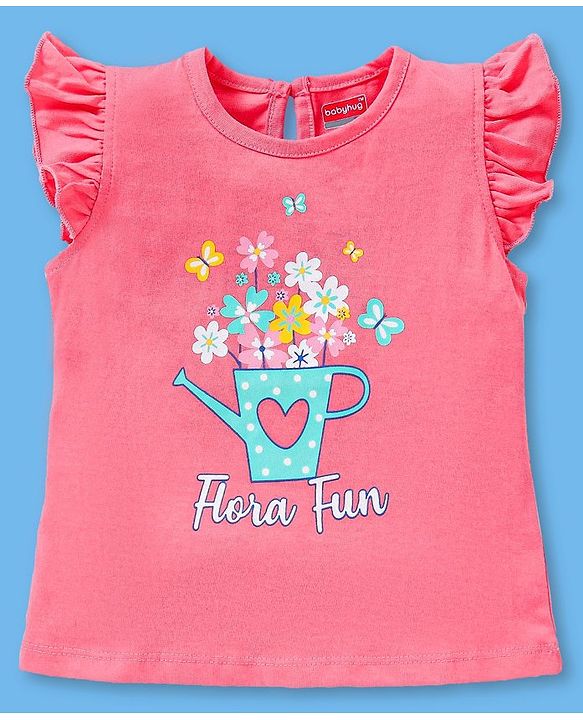 Babyhug Cotton Short Sleeves Tees with Graphics & Frill Detailing Pack of 3 - Blue & Pink