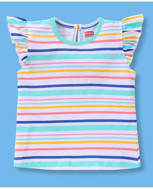 Babyhug Cotton Short Sleeves Tees with Graphics & Frill Detailing Pack of 3 - Blue & Pink