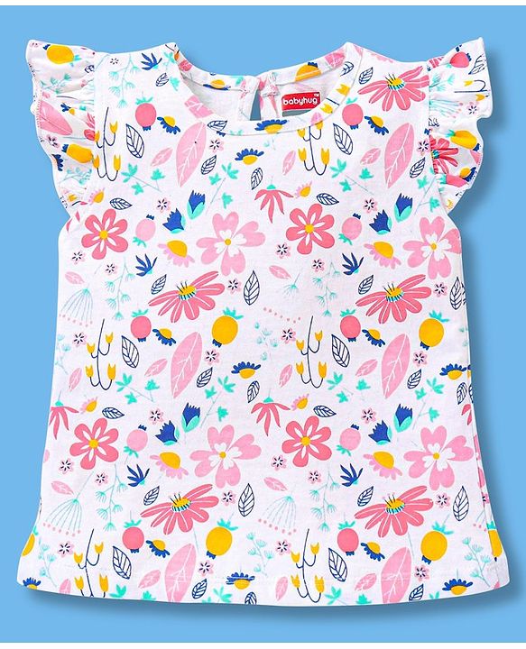 Babyhug Cotton Short Sleeves Tees with Graphics & Frill Detailing Pack of 3 - Blue & Pink