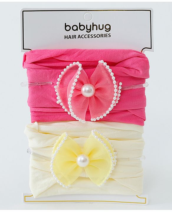 Babyhug Free Size Head Band with Bow Applique  Set of 2 - Yellow & Pink