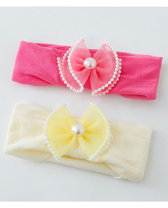 Babyhug Free Size Head Band with Bow Applique  Set of 2 - Yellow & Pink