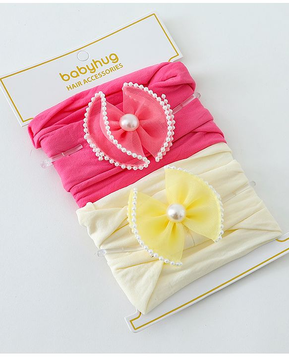 Babyhug Free Size Head Band with Bow Applique  Set of 2 - Yellow & Pink