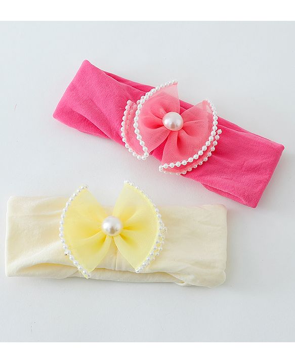 Babyhug Free Size Head Band with Bow Applique  Set of 2 - Yellow & Pink