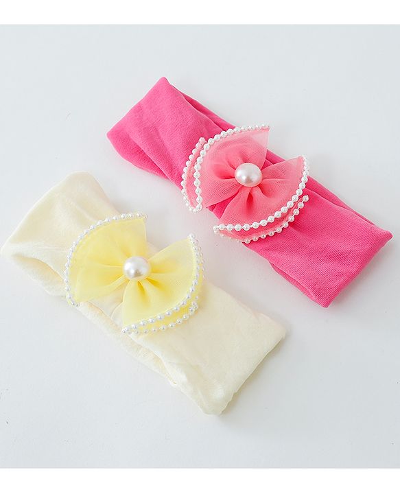Babyhug Free Size Head Band with Bow Applique  Set of 2 - Yellow & Pink