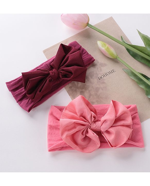 Babyhug Free Size Headbands with Bow Applique Pack of 2 - Maroon & Dark Pink