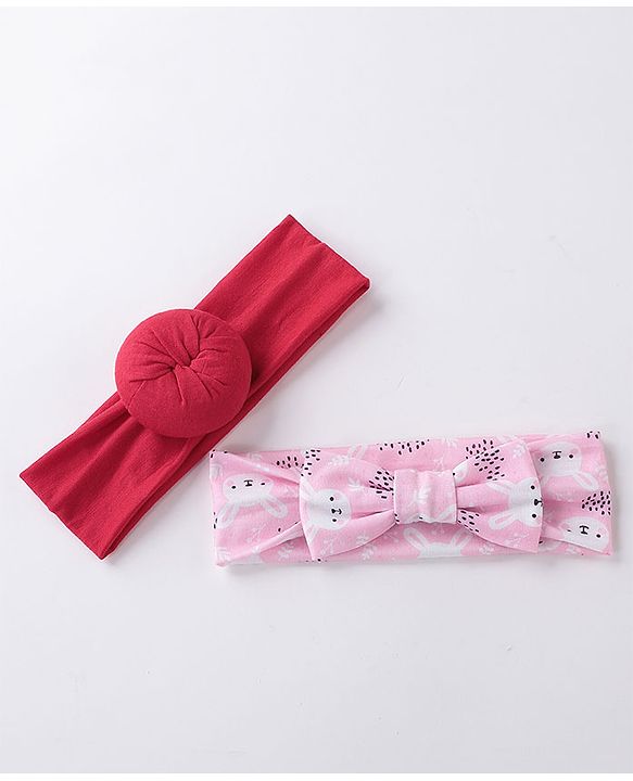 Babyhug Free Size Headbands  with Printed Bow & Bun Applique Pack of 2 - Multicolour