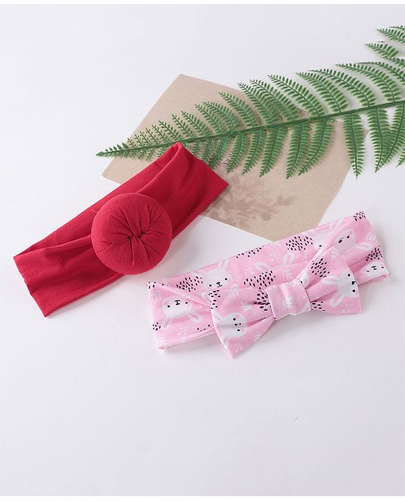 Babyhug Free Size Headbands  with Printed Bow & Bun Applique Pack of 2 - Multicolour