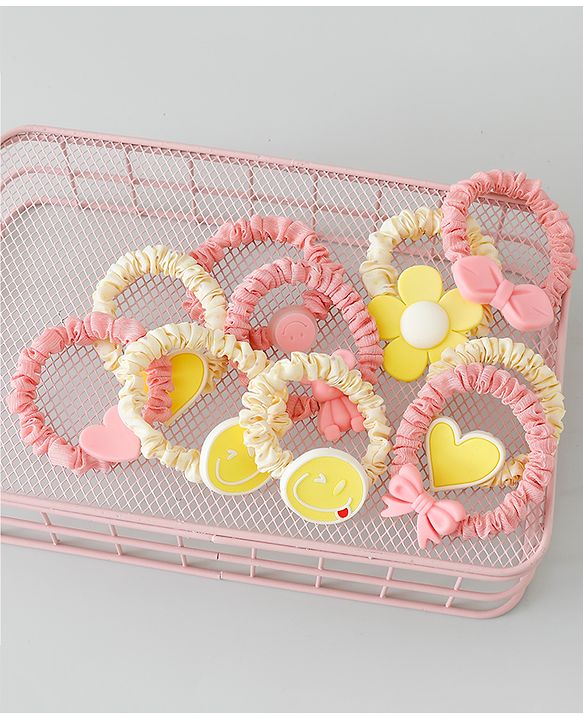 Babyhug Rubber Bands & Scrunchies Sets Pack of 10 - Yellow & Dark Pink