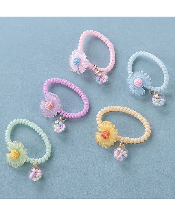Pine Kids Free Size Flower Applique Rubber Bands Pack of 5 - Multicolor