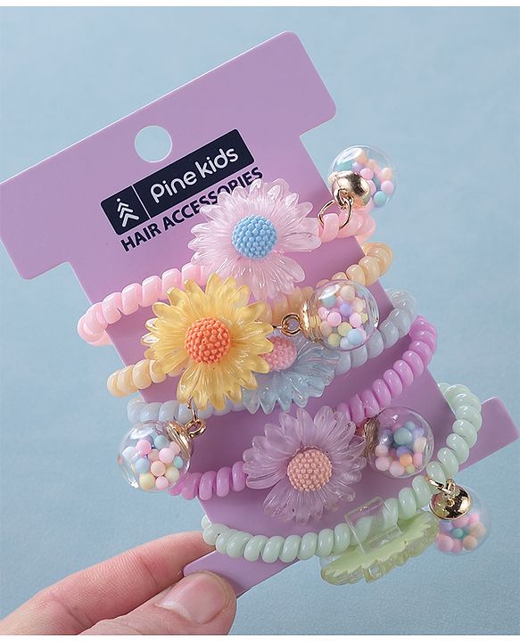 Pine Kids Free Size Flower Applique Rubber Bands Pack of 5 - Multicolor