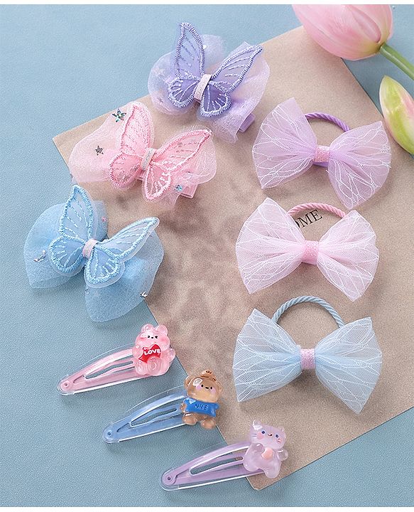 Babyhug  Free Size Bear Hair  Clips & Bow Rubber bands Sets of 9 - Multicolor