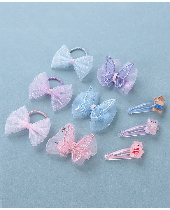 Babyhug  Free Size Bear Hair  Clips & Bow Rubber bands Sets of 9 - Multicolor