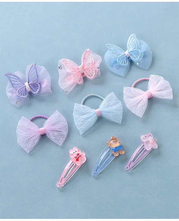 Babyhug  Free Size Bear Hair  Clips & Bow Rubber bands Sets of 9 - Multicolor