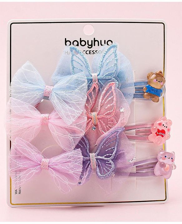 Babyhug  Free Size Bear Hair  Clips & Bow Rubber bands Sets of 9 - Multicolor