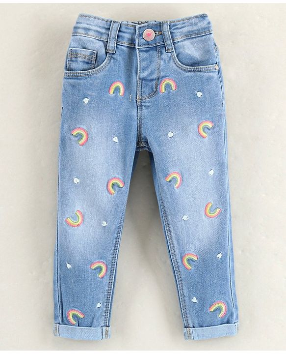 Babyhug Full Length Washed & Rain Embroidery Jeans - Blue