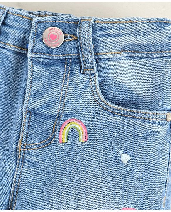 Babyhug Full Length Washed & Rain Embroidery Jeans - Blue