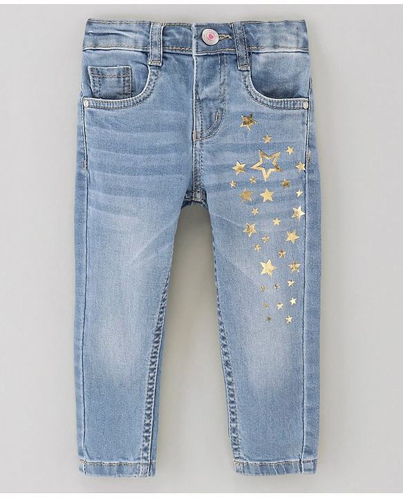 Babyhug Cotton Spandex Full Length Washed Denim Jeans Star Printed - Blue