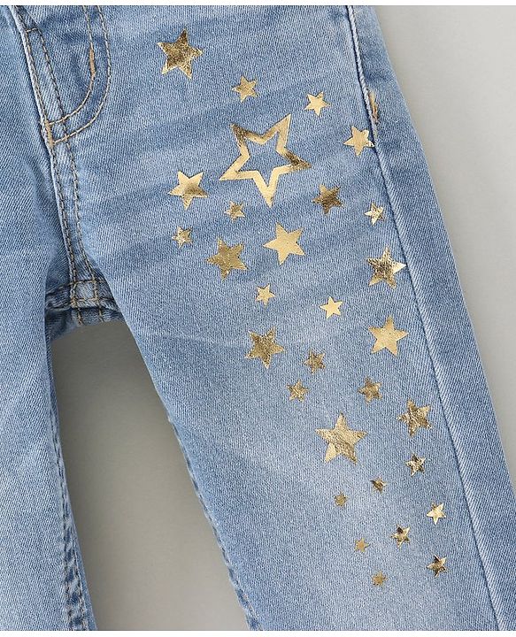 Babyhug Cotton Spandex Full Length Washed Denim Jeans Star Printed - Blue