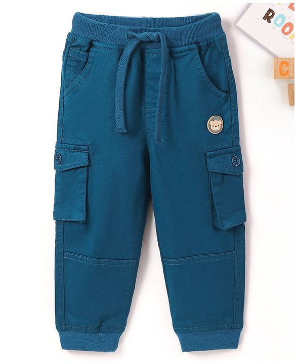 Babyhug Cotton Full Length Solid Stretchable Trousers With Badge- Navy Blue