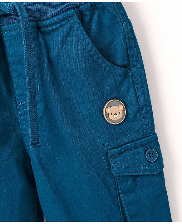 Babyhug Cotton Full Length Solid Stretchable Trousers With Badge- Navy Blue