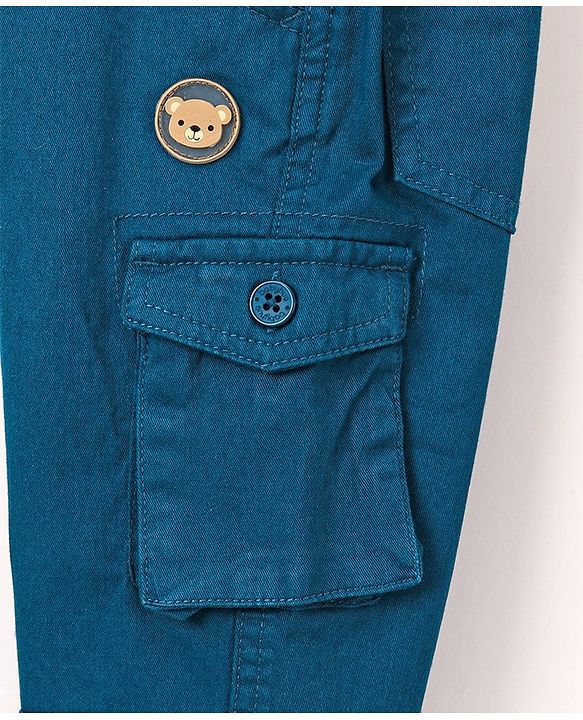 Babyhug Cotton Full Length Solid Stretchable Trousers With Badge- Navy Blue
