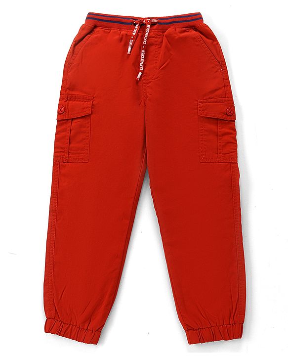 Babyhug 100% Cotton Woven Full Length Solid Joggers Pant - Red