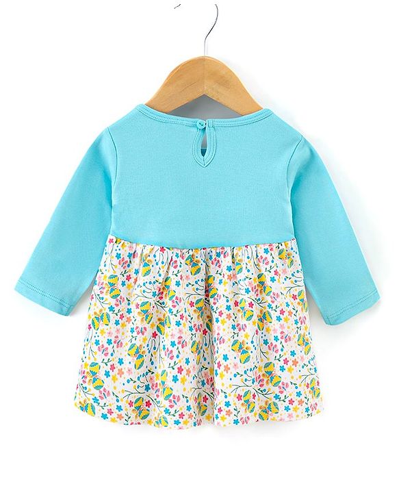 Babyhug 100% Cotton Full Sleeves Frock Butterfly Print - Sky Blue