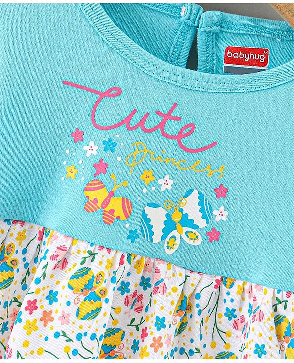 Babyhug 100% Cotton Full Sleeves Frock Butterfly Print - Sky Blue