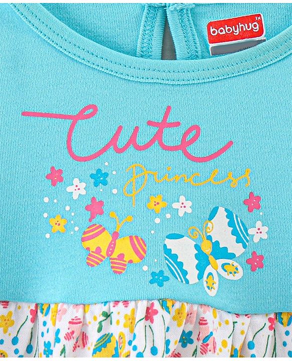 Babyhug 100% Cotton Full Sleeves Frock Butterfly Print - Sky Blue