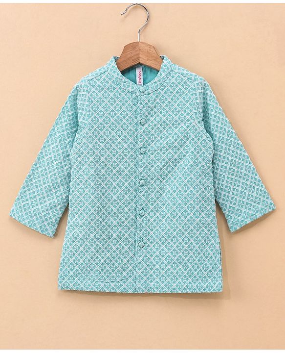 Babyhug 100% Cotton Full Sleeves Embroidered Kurta and Pyjama Set - Aqua & White