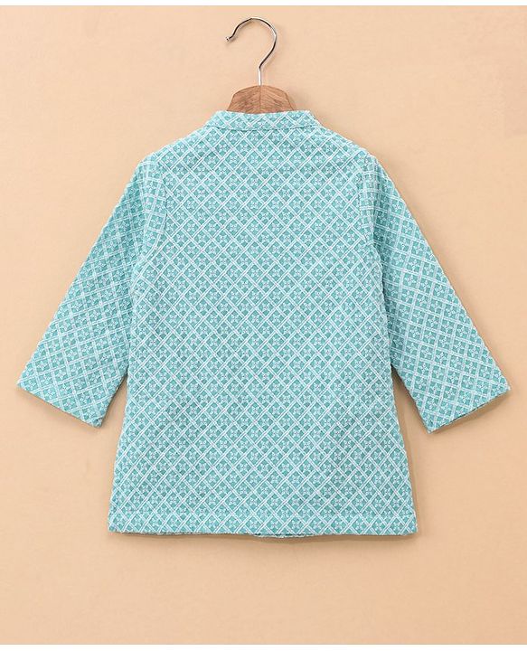 Babyhug 100% Cotton Full Sleeves Embroidered Kurta and Pyjama Set - Aqua & White