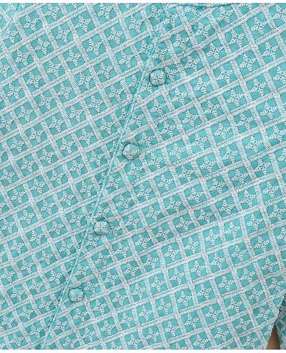 Babyhug 100% Cotton Full Sleeves Embroidered Kurta and Pyjama Set - Aqua & White