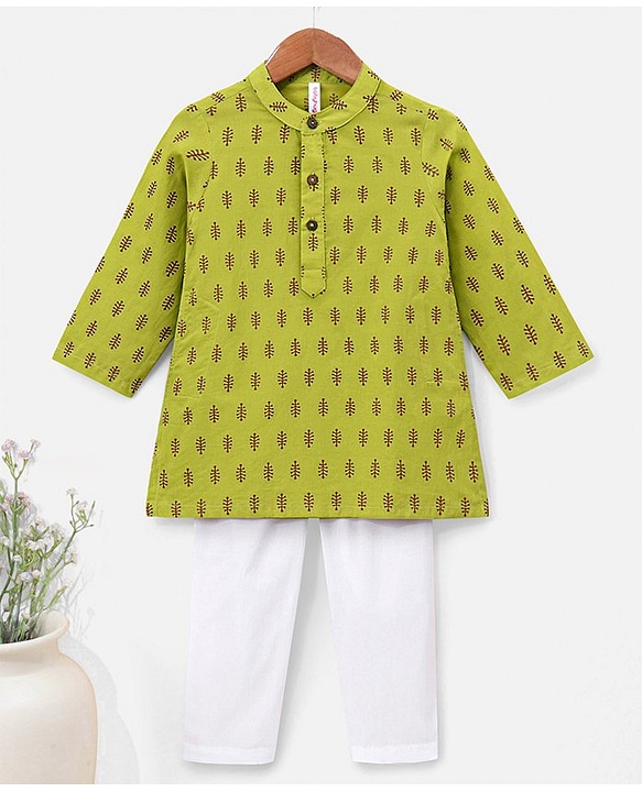 Babyhug 100% Cotton Full Sleeves Printed Kurta & Pyjama Set- Green