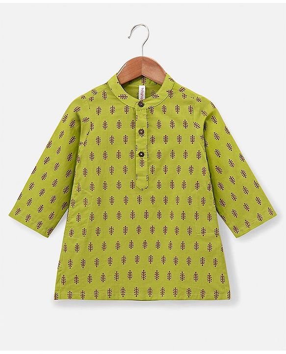 Babyhug 100% Cotton Full Sleeves Printed Kurta & Pyjama Set- Green
