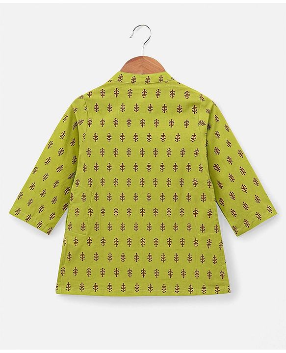 Babyhug 100% Cotton Full Sleeves Printed Kurta & Pyjama Set- Green