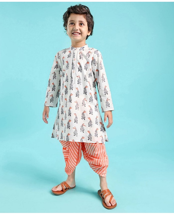 Babyhug 100% Cotton Woven Full Sleeves Rabbit Print Kurta and Dhoti Set - Off White & Cream