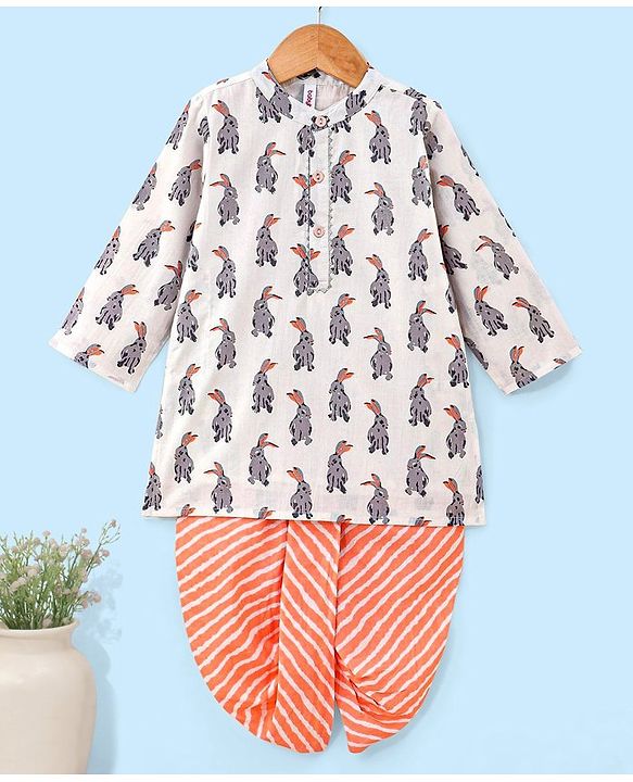 Babyhug 100% Cotton Woven Full Sleeves Rabbit Print Kurta and Dhoti Set - Off White & Cream