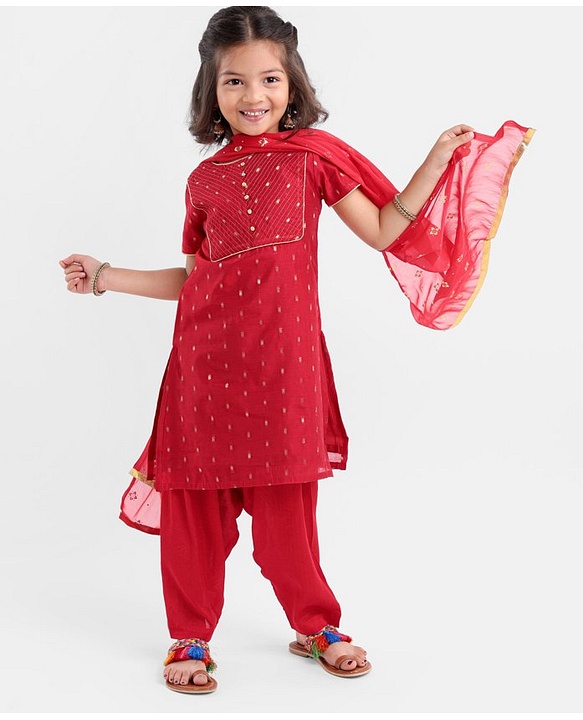 Babyhug Half Sleeves Embroidered Kurta & Chudidar Set with Dupatta - Red