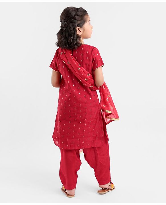 Babyhug Half Sleeves Embroidered Kurta & Chudidar Set with Dupatta - Red