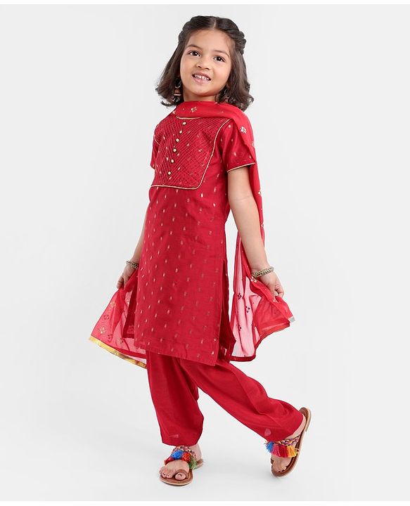 Babyhug Half Sleeves Embroidered Kurta & Chudidar Set with Dupatta - Red