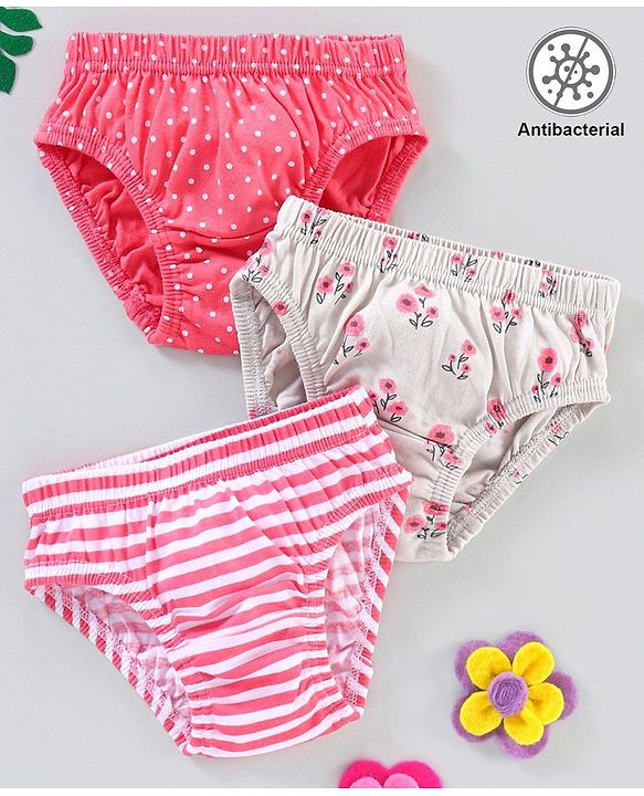 Babyhug 100% Cotton Knit Anti-Bacterial Panties Striped Floral & Polka Dots Print Pack of 3 - Pink Grey