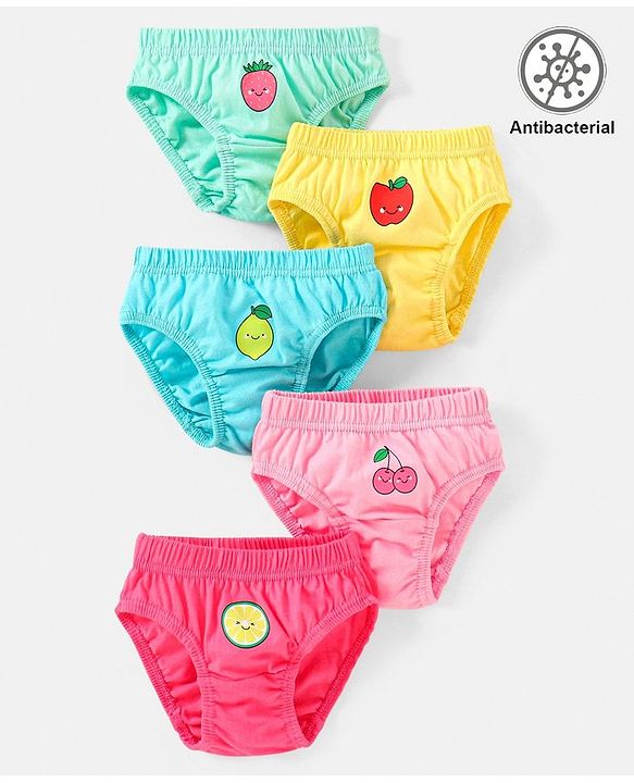 Babyhug 100% Cotton Antibacterial Fruit Printed Panties Pack of 5 - Pink Yellow & Blue