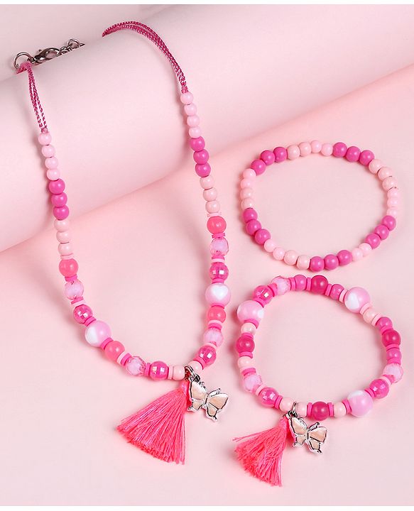 Babyhug Butterfly Charms With Tassel  Neck Piece & Bracelets - Pink