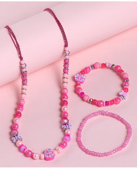 Babyhug  Butterfly Bead Pearl Neck Piece & Bracelets - Pink