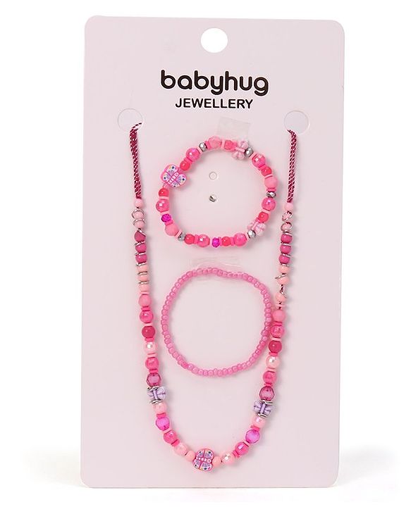 Babyhug  Butterfly Bead Pearl Neck Piece & Bracelets - Pink