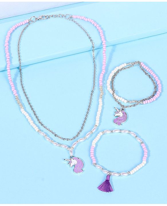 Pine Kids Free Size Necklace & Bracelet Set With Tassel Detailing- Multicolor