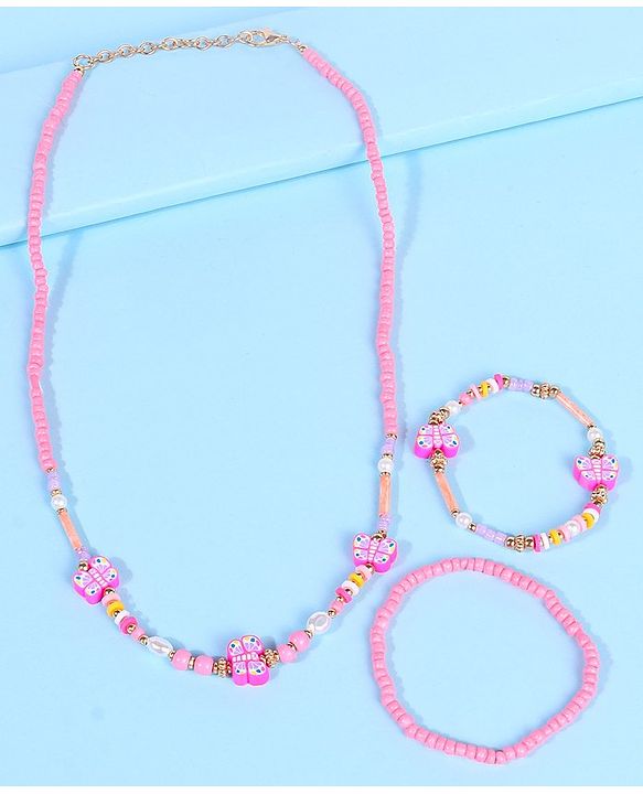 Pine Kids Free Size Necklace & Bracelet Set With Butterfly Detailing- Multicolor
