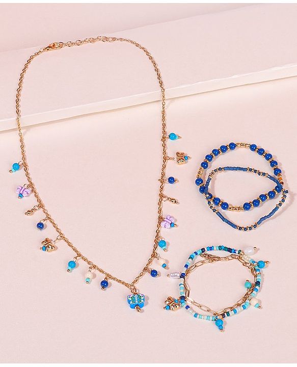 Pine Kids Free Size Necklace & Bracelet Set With Butterfly Detailing- Multicolor