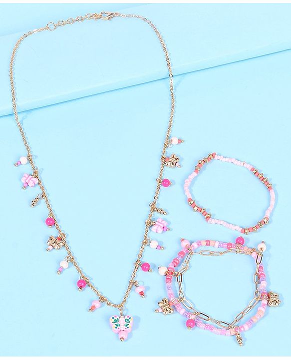 Pine Kids Free Size Necklace & Bracelet Set With Butterfly Detailing- Multicolor